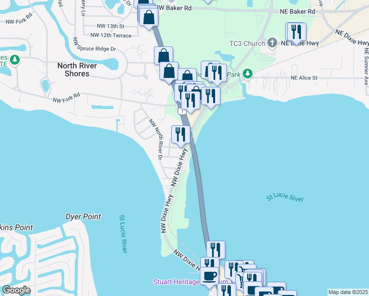 map of restaurants, bars, coffee shops, grocery stores, and more near NW Dixie Hwy & NW Australian St in Stuart