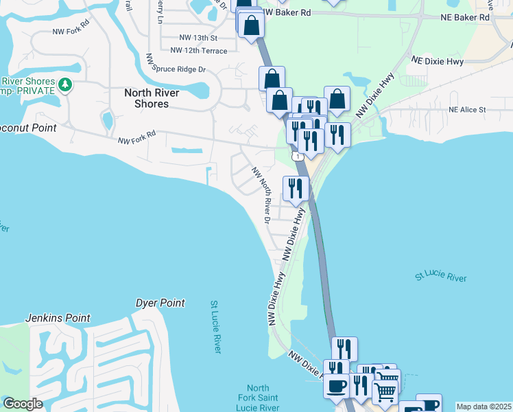map of restaurants, bars, coffee shops, grocery stores, and more near 625 Northwest North River Drive in Stuart