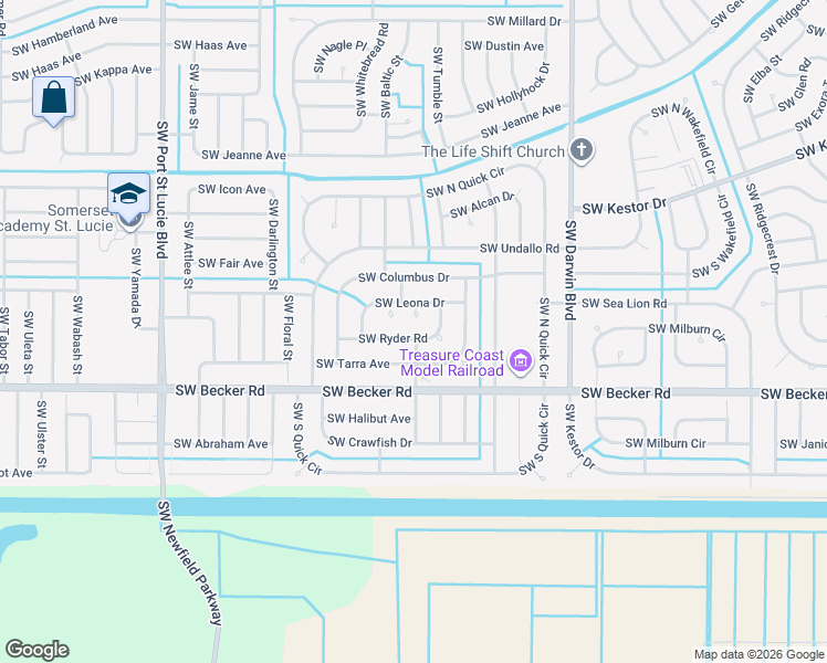 map of restaurants, bars, coffee shops, grocery stores, and more near 487 Southwest Ryder Road in Port St. Lucie