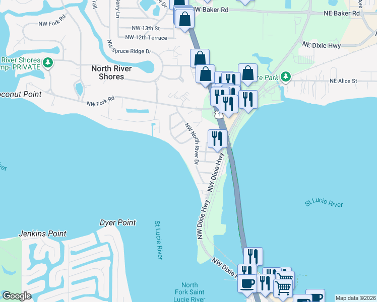 map of restaurants, bars, coffee shops, grocery stores, and more near 625 Northwest North River Drive in Stuart