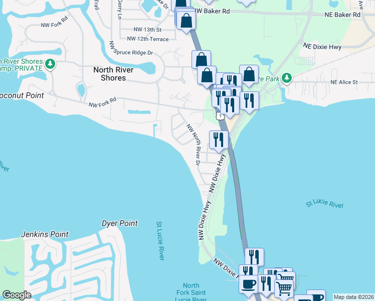 map of restaurants, bars, coffee shops, grocery stores, and more near 625 Northwest North River Drive in Stuart