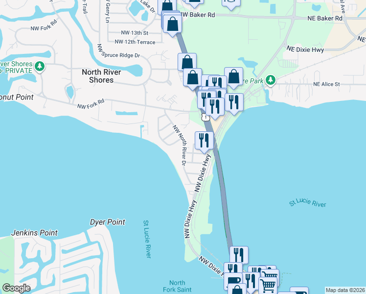 map of restaurants, bars, coffee shops, grocery stores, and more near 634 Northwest North River Drive in Stuart