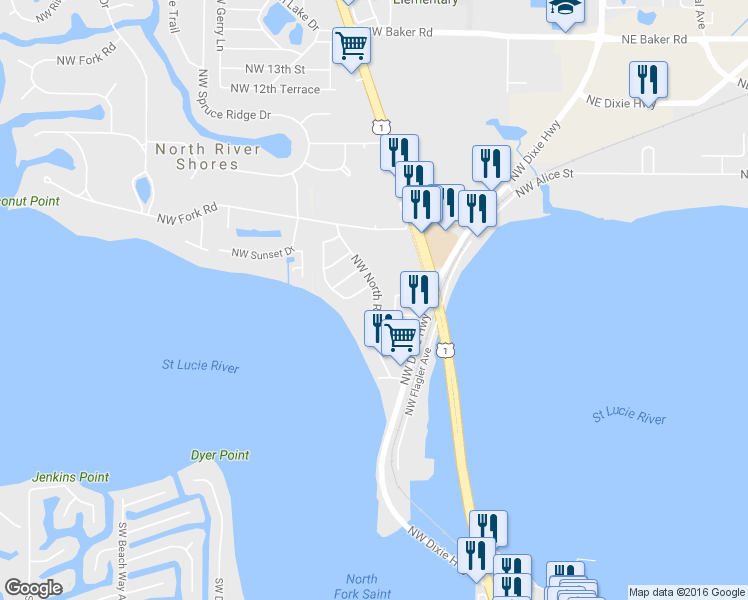 map of restaurants, bars, coffee shops, grocery stores, and more near 644 Northwest North River Drive in Stuart