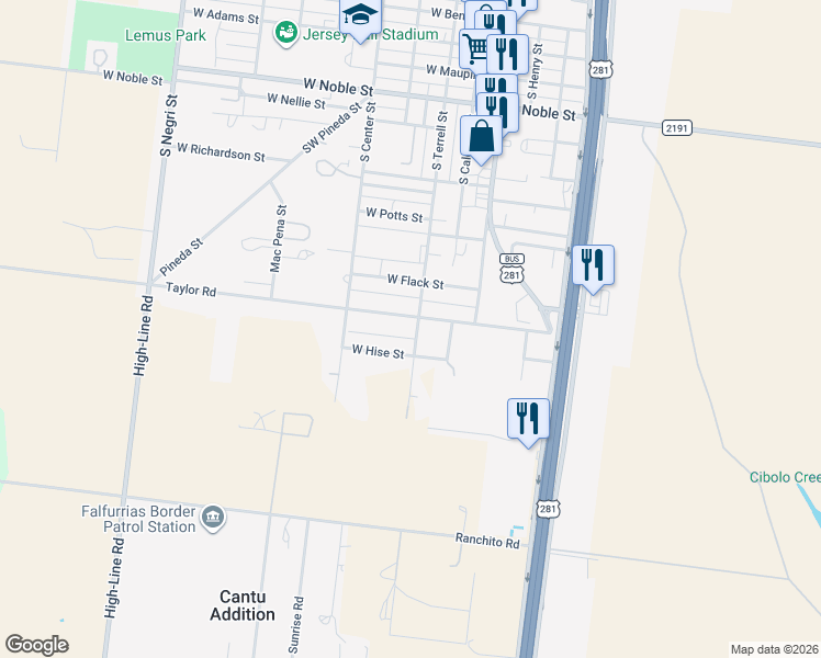 map of restaurants, bars, coffee shops, grocery stores, and more near 228 Hise Street in Falfurrias