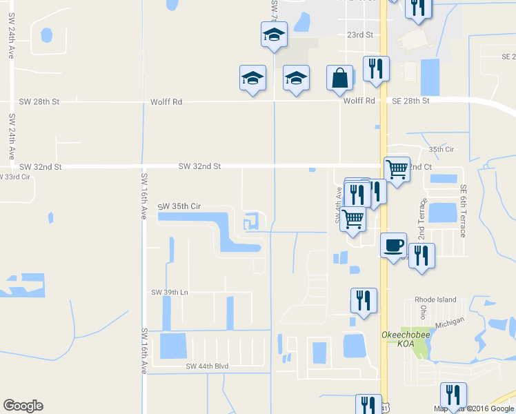 map of restaurants, bars, coffee shops, grocery stores, and more near 3520 Southwest 10th Terrace in Okeechobee