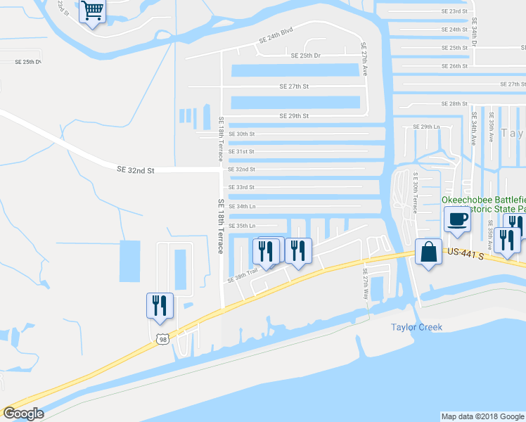 map of restaurants, bars, coffee shops, grocery stores, and more near 2044 Southeast 34th Lane in Okeechobee