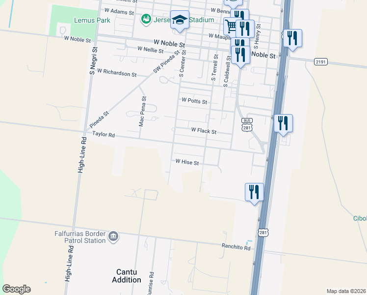 map of restaurants, bars, coffee shops, grocery stores, and more near 501 Taylor Road in Falfurrias
