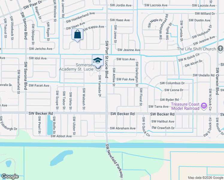 map of restaurants, bars, coffee shops, grocery stores, and more near 4574 Southwest Attlee Street in Port St. Lucie