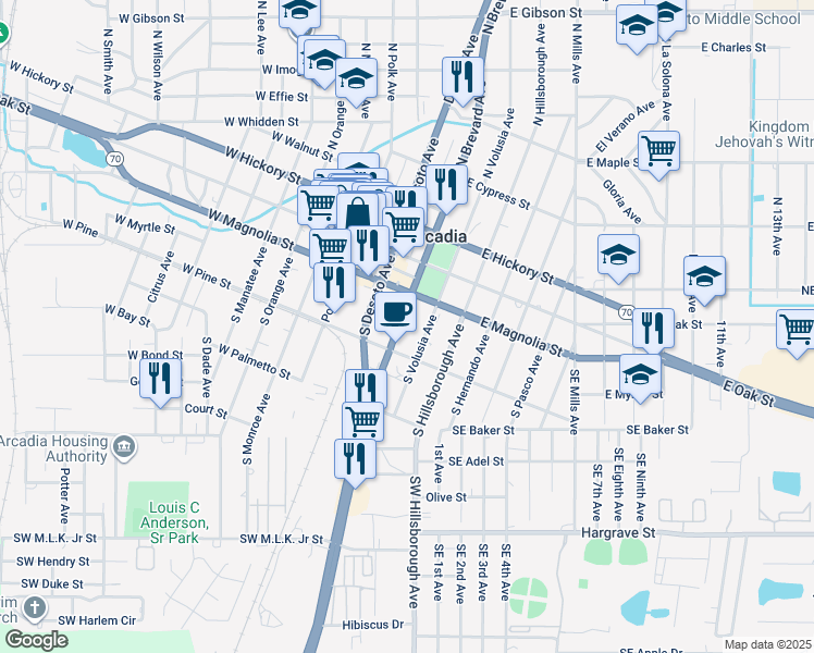 map of restaurants, bars, coffee shops, grocery stores, and more near 133 South Brevard Avenue in Arcadia