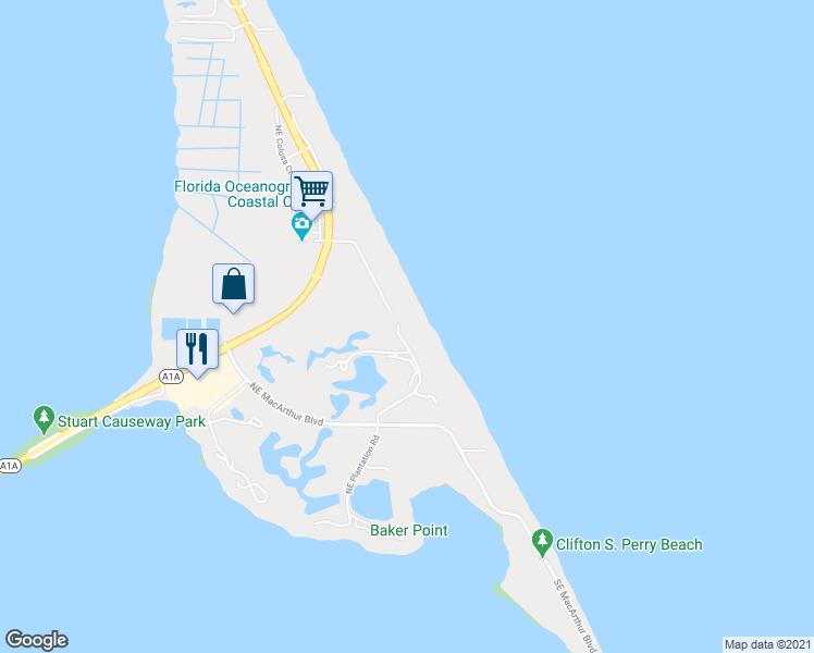 map of restaurants, bars, coffee shops, grocery stores, and more near 669 Northeast Plantation Road in Stuart