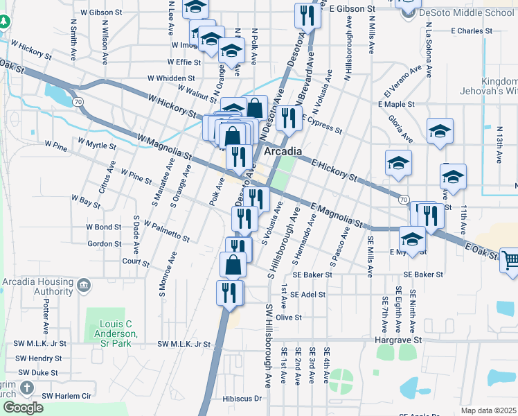 map of restaurants, bars, coffee shops, grocery stores, and more near 133 South Brevard Avenue in Arcadia
