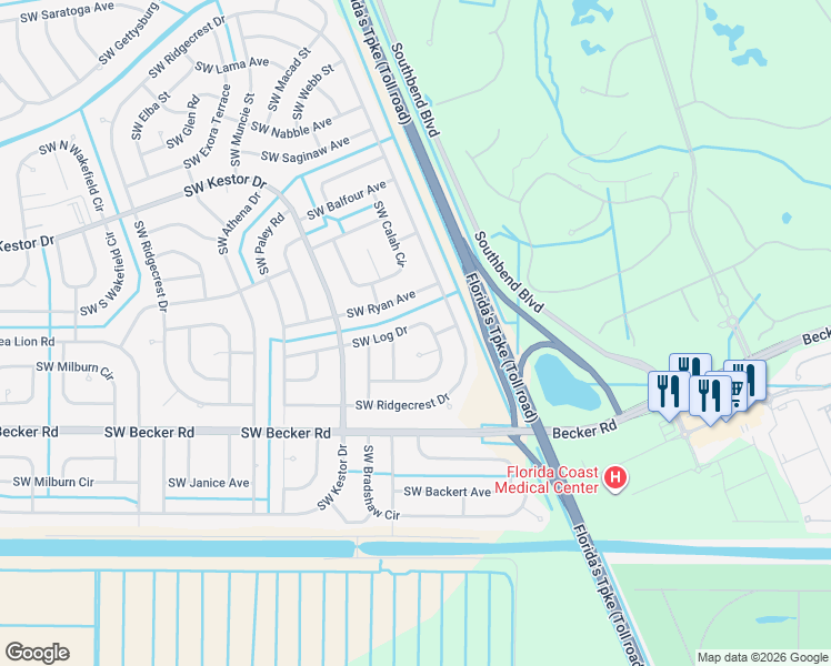 map of restaurants, bars, coffee shops, grocery stores, and more near 366 Southwest Log Drive in Port St. Lucie