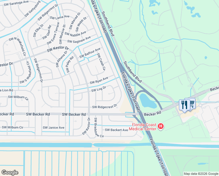 map of restaurants, bars, coffee shops, grocery stores, and more near 366 Southwest Log Drive in Port St. Lucie