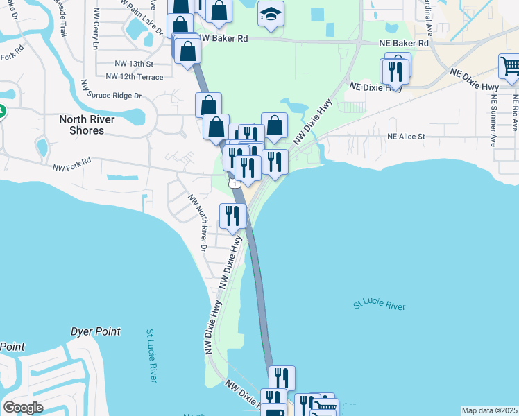 map of restaurants, bars, coffee shops, grocery stores, and more near 715 Northwest Flagler Avenue in Stuart