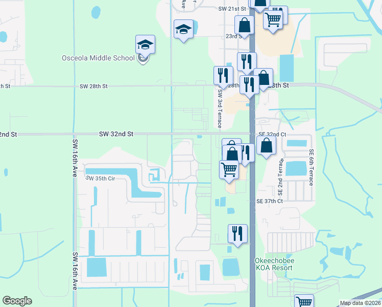 map of restaurants, bars, coffee shops, grocery stores, and more near 605 Northwest 34th Street in Okeechobee