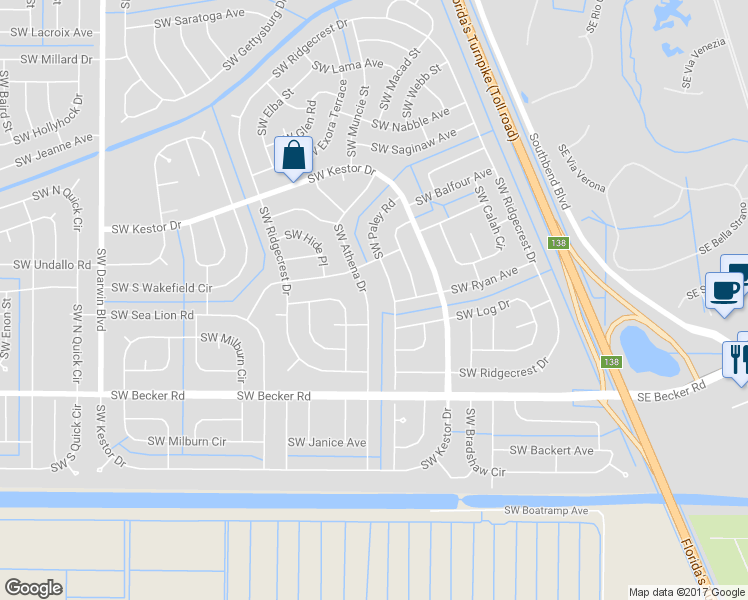 map of restaurants, bars, coffee shops, grocery stores, and more near 4469 Southwest Athena Drive in Port St. Lucie
