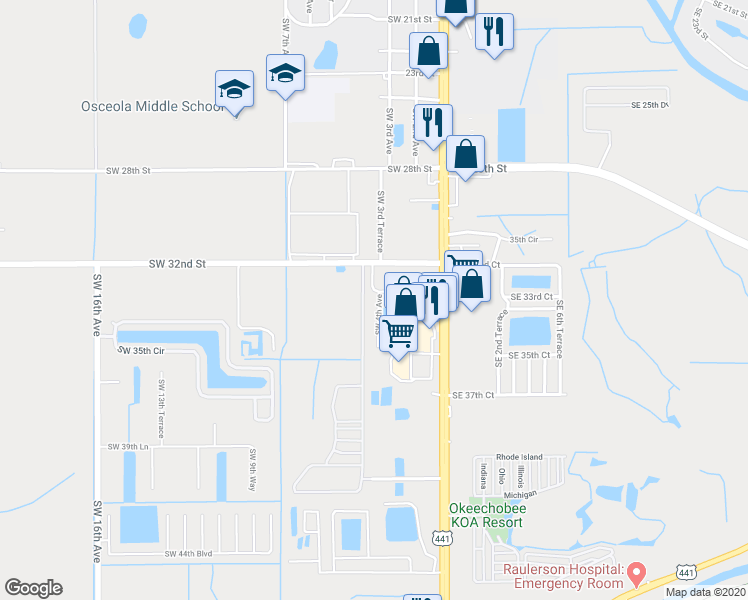 map of restaurants, bars, coffee shops, grocery stores, and more near 3371 Southwest 4th Avenue in Okeechobee