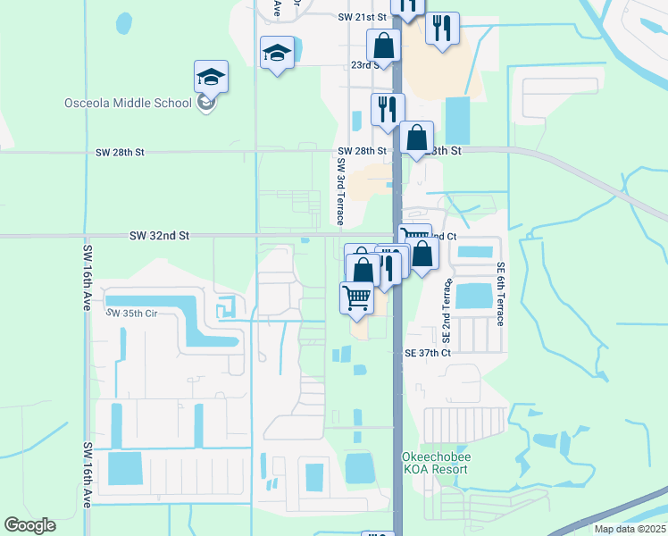 map of restaurants, bars, coffee shops, grocery stores, and more near 3371 Southwest 4th Avenue in Okeechobee