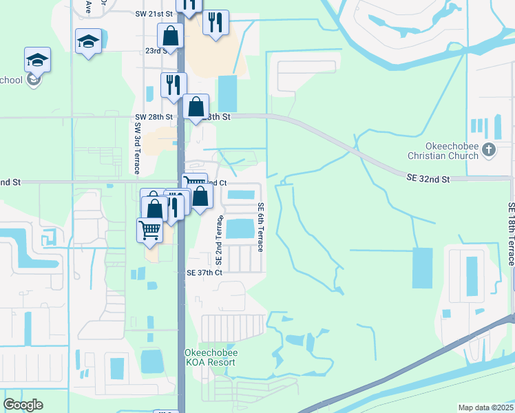 map of restaurants, bars, coffee shops, grocery stores, and more near 3370 Southeast 6th Terrace in Okeechobee