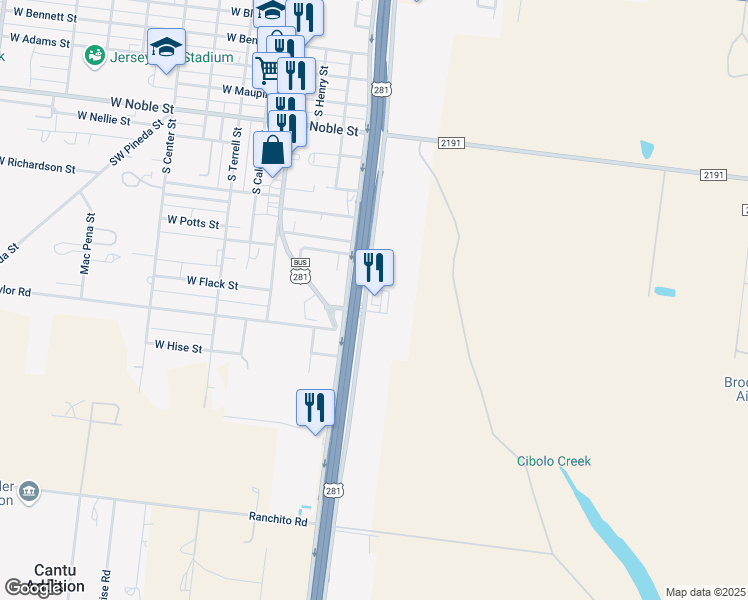 map of restaurants, bars, coffee shops, grocery stores, and more near U.S. 281 in Falfurrias