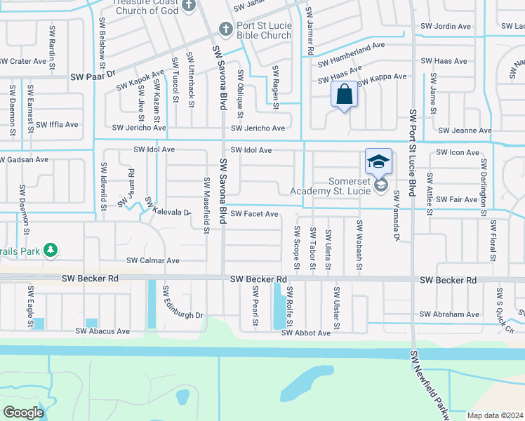map of restaurants, bars, coffee shops, grocery stores, and more near 1033 Southwest Facet Avenue in Port St. Lucie