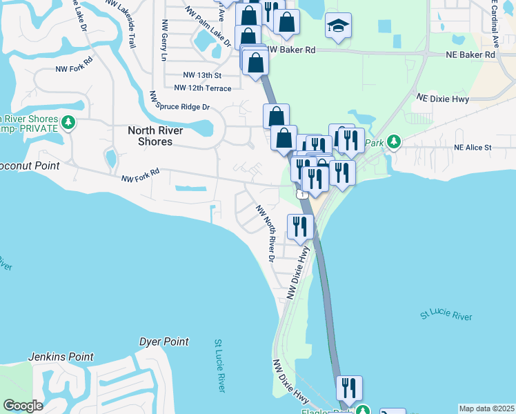 map of restaurants, bars, coffee shops, grocery stores, and more near Northwest North River Drive in Stuart
