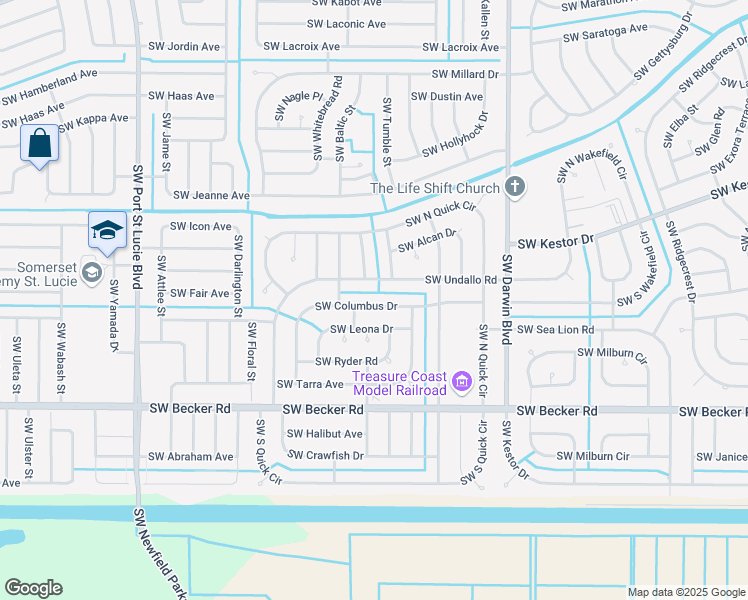 map of restaurants, bars, coffee shops, grocery stores, and more near 453 Southwest Columbus Drive in Port Saint Lucie