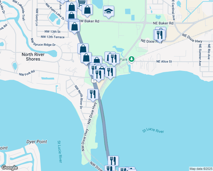 map of restaurants, bars, coffee shops, grocery stores, and more near 775 Northwest Flagler Avenue in Stuart