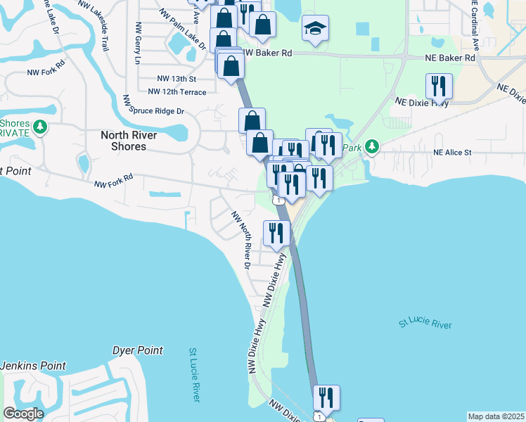 map of restaurants, bars, coffee shops, grocery stores, and more near 650 Northwest Fork Road in Stuart