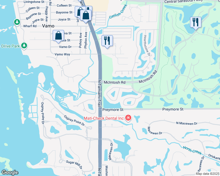 map of restaurants, bars, coffee shops, grocery stores, and more near 4130 Westbourne Circle in Sarasota