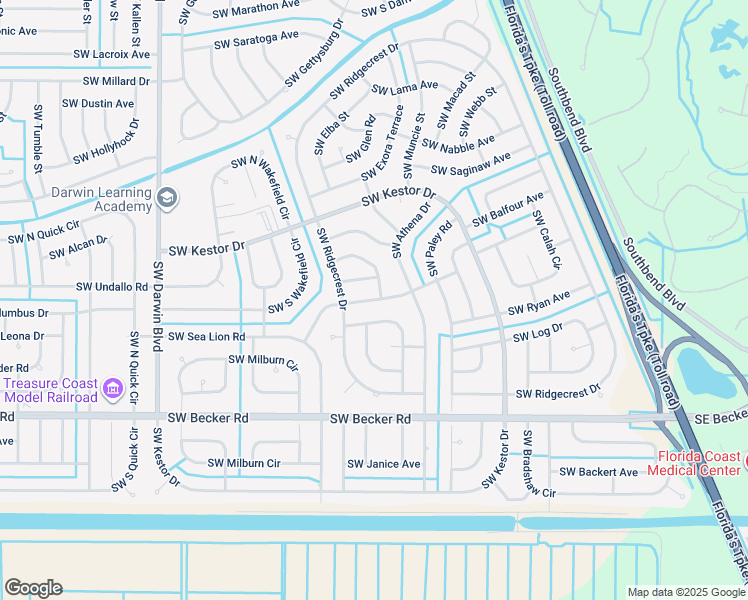 map of restaurants, bars, coffee shops, grocery stores, and more near 223 Southwest Elderberry Drive in Port St. Lucie