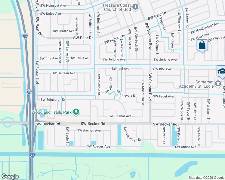 map of restaurants, bars, coffee shops, grocery stores, and more near 4422 Southwest Jaunt Road in Port St. Lucie