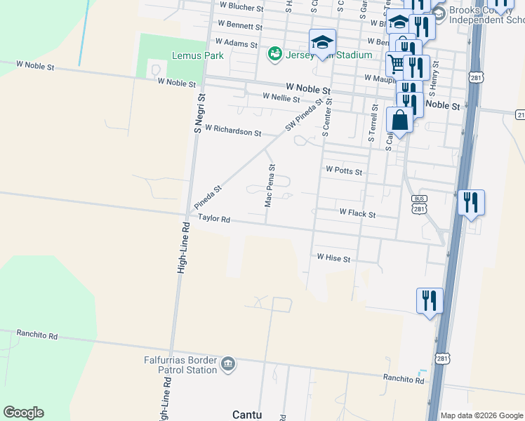 map of restaurants, bars, coffee shops, grocery stores, and more near 1252-1282 Mac Pena Street in Falfurrias