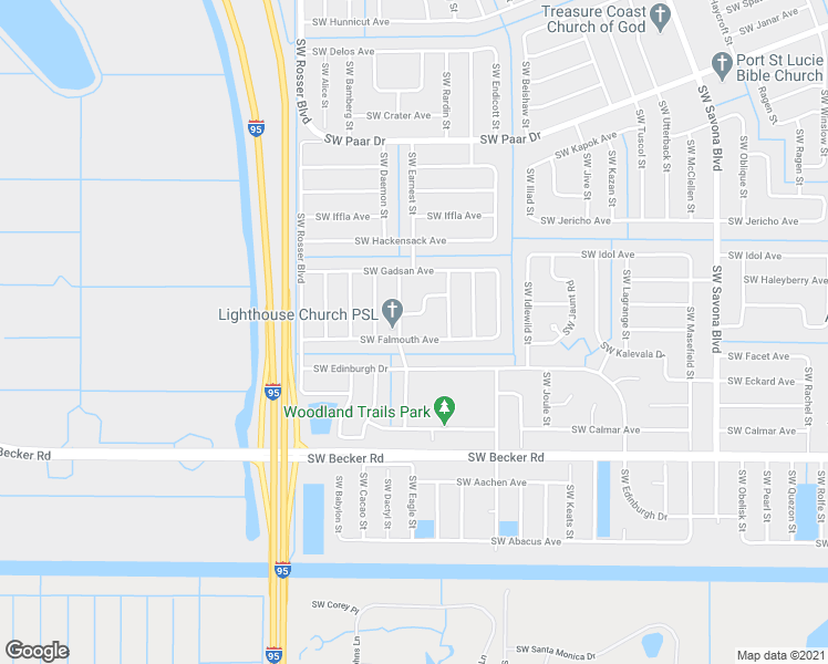 map of restaurants, bars, coffee shops, grocery stores, and more near 1525 Southwest Falmouth Avenue in Port St. Lucie