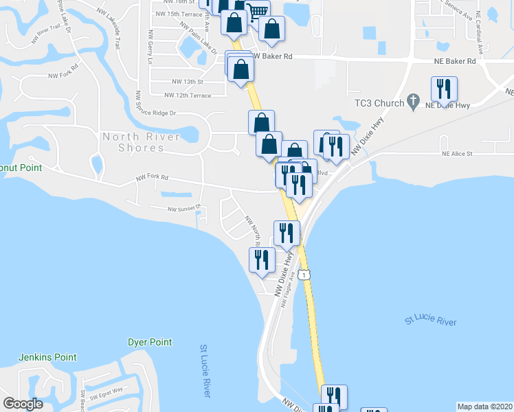 map of restaurants, bars, coffee shops, grocery stores, and more near 702 Northwest Fork Road in Stuart