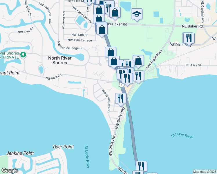 map of restaurants, bars, coffee shops, grocery stores, and more near 702 Northwest Fork Road in Stuart