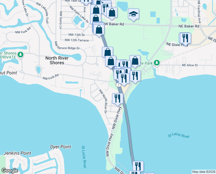 map of restaurants, bars, coffee shops, grocery stores, and more near 752 Northwest Fork Road in Stuart