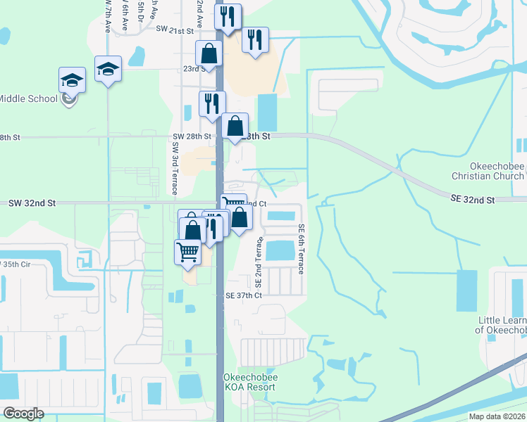 map of restaurants, bars, coffee shops, grocery stores, and more near 106 Southeast 32nd Court in Okeechobee