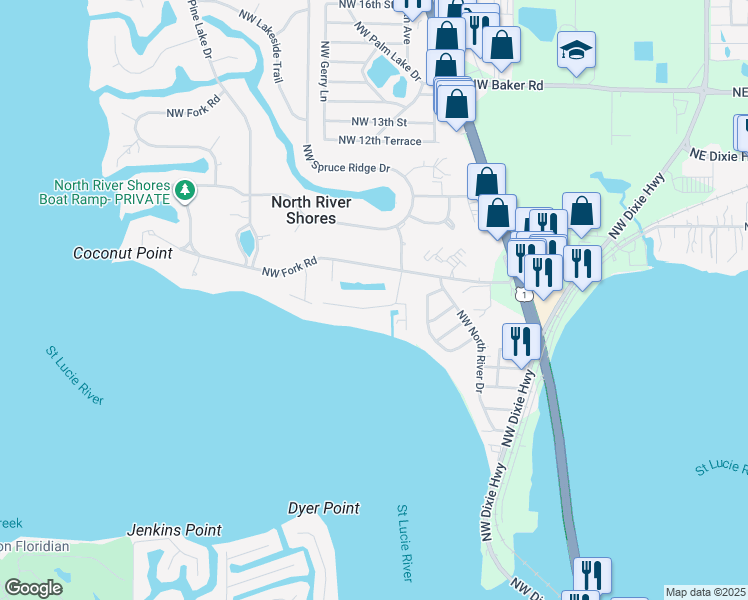 map of restaurants, bars, coffee shops, grocery stores, and more near 772 Northwest Sunset Drive in Stuart
