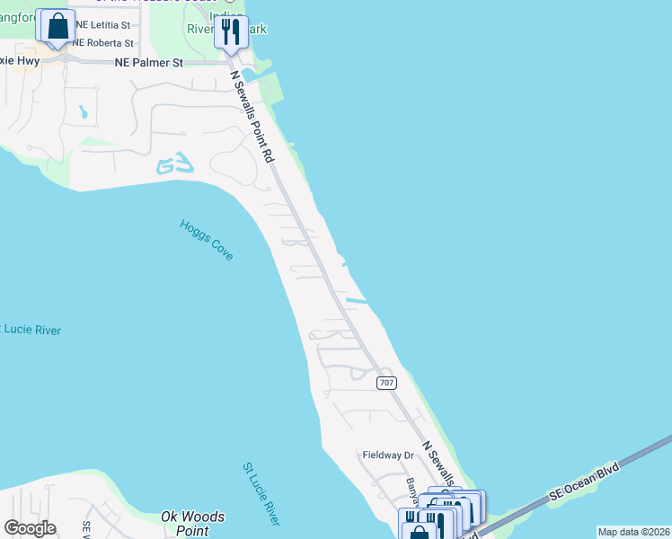 map of restaurants, bars, coffee shops, grocery stores, and more near 98 County Road 707 in Sewall's Point