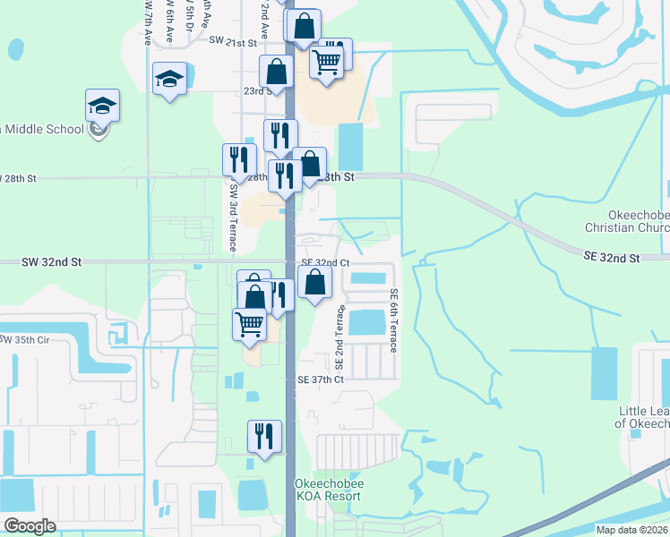 map of restaurants, bars, coffee shops, grocery stores, and more near 106 Southeast 32nd Court in Okeechobee