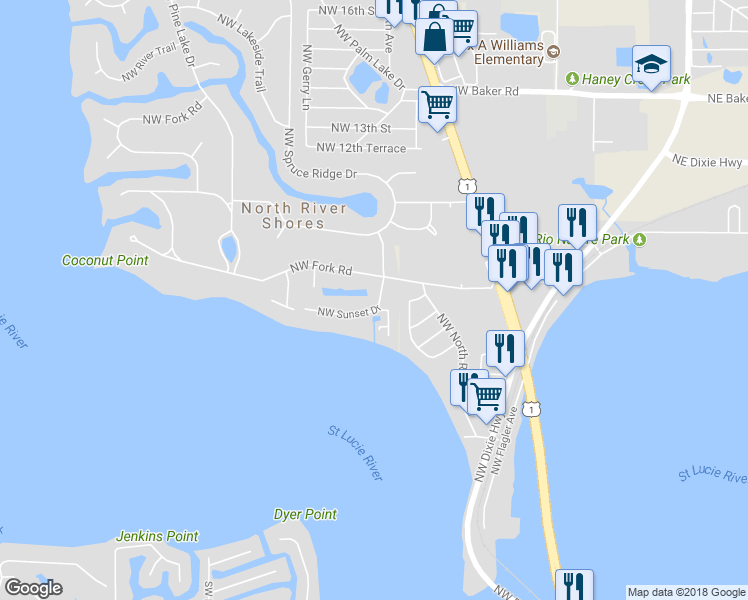 map of restaurants, bars, coffee shops, grocery stores, and more near 772 Northwest Sunset Drive in Stuart