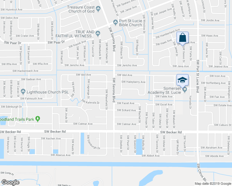 map of restaurants, bars, coffee shops, grocery stores, and more near 4451 Southwest Savona Boulevard in Port St. Lucie
