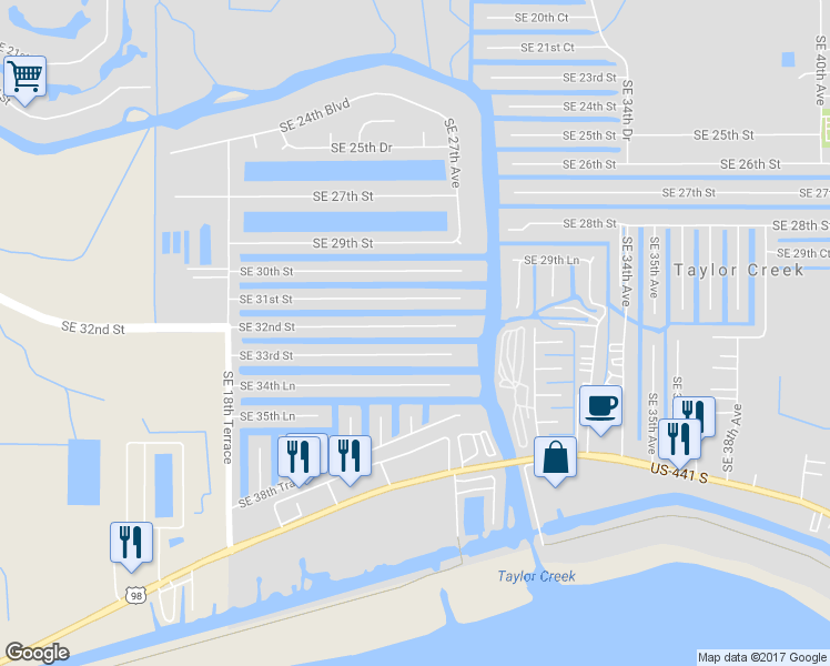map of restaurants, bars, coffee shops, grocery stores, and more near 2528 Southeast 32nd Street in Okeechobee