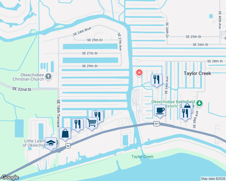 map of restaurants, bars, coffee shops, grocery stores, and more near 2528 Southeast 32nd Street in Okeechobee
