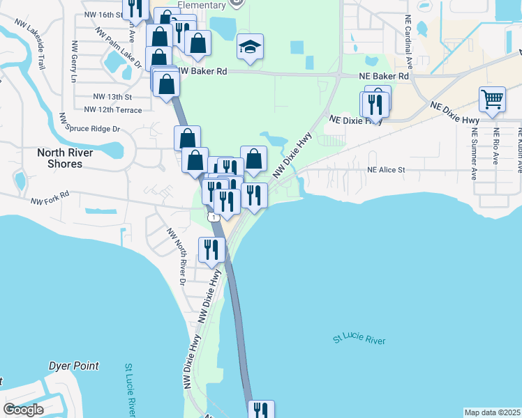 map of restaurants, bars, coffee shops, grocery stores, and more near 955 Northwest Flagler Avenue in Stuart