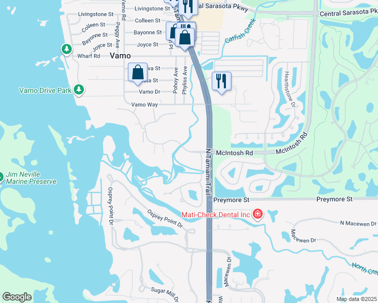 map of restaurants, bars, coffee shops, grocery stores, and more near 34 North Point Road in Osprey