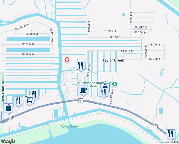 map of restaurants, bars, coffee shops, grocery stores, and more near 3223 Southeast 35th Avenue in Okeechobee