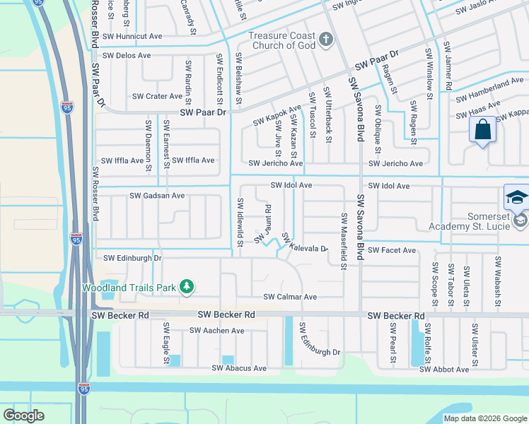 map of restaurants, bars, coffee shops, grocery stores, and more near 4422 Southwest Jaunt Road in Port St. Lucie