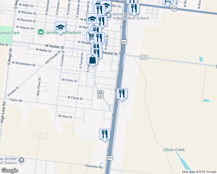 map of restaurants, bars, coffee shops, grocery stores, and more near 116 East Texas Avenue in Falfurrias